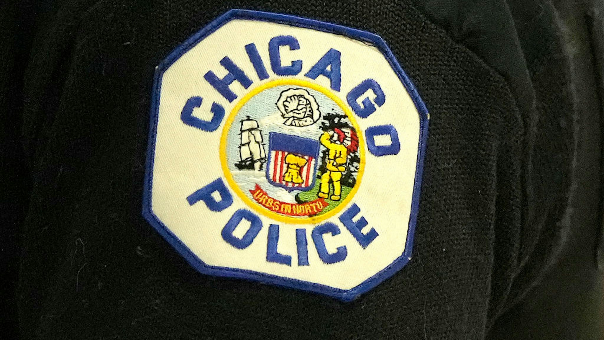 CHICAGO, IL - JANUARY 24: The Chicago police logo on a policeman during a college basketball game between the DePaul Blue Demons and the Marquette Golden Eagles at the Wintrust Arena on January 24, 2024 in Chicago, Illinois.