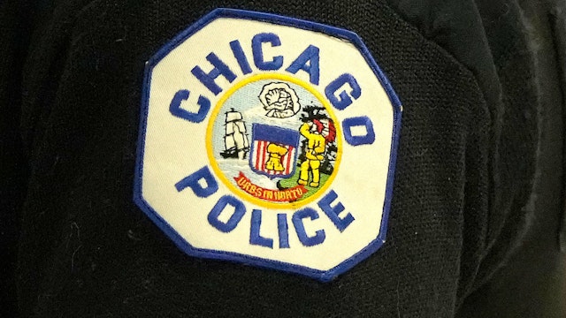 CHICAGO, IL - JANUARY 24: The Chicago police logo on a policeman during a college basketball game between the DePaul Blue Demons and the Marquette Golden Eagles at the Wintrust Arena on January 24, 2024 in Chicago, Illinois.