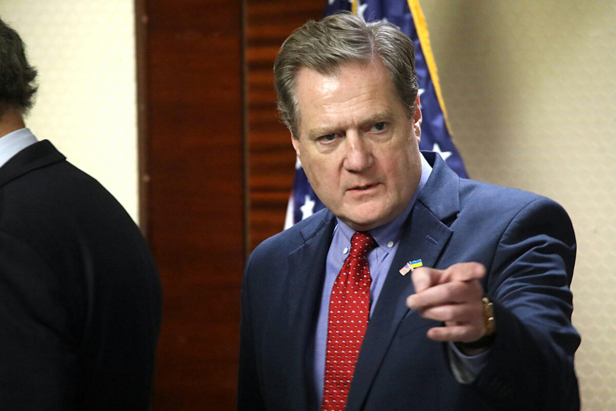 Chairman of the US House Permanent Select Committee on Intelligence Mike Turner is pictured during a press briefing of the bipartisan congressional delegation in Kyiv, Ukraine, on February 9, 2024.