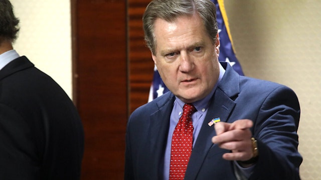 Chairman of the US House Permanent Select Committee on Intelligence Mike Turner is pictured during a press briefing of the bipartisan congressional delegation in Kyiv, Ukraine, on February 9, 2024.
