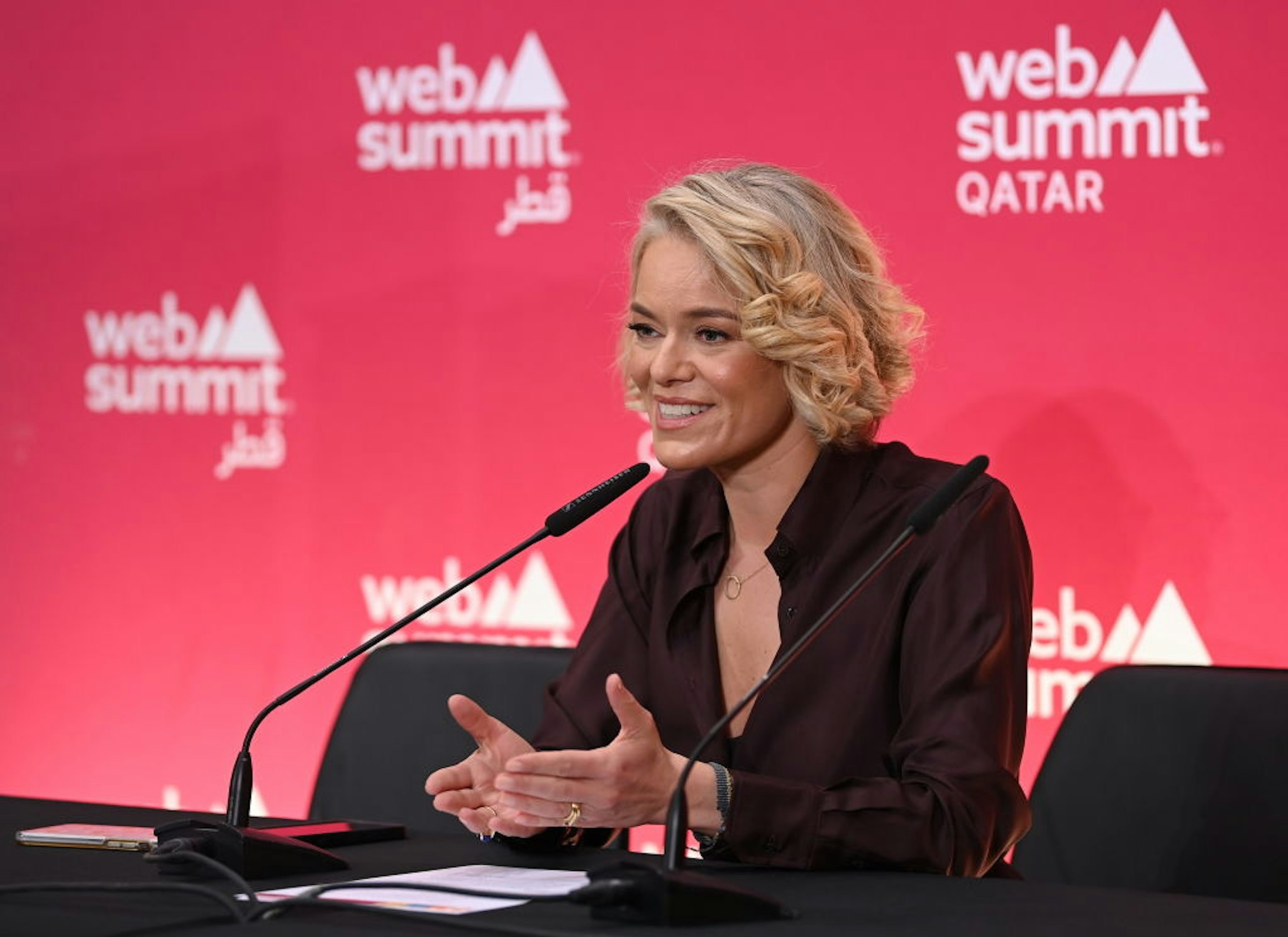 Doha , Qatar - 27 February 2024; Katherine Maher, CEO, Web Summit during a press conference at Media Village on day one of Web Summit Qatar 2024 at the Doha Exhibition and Convention Center in Doha, Qatar. (Photo By Stephen McCarthy/Sportsfile for Web Summit Qatar via Getty Images)