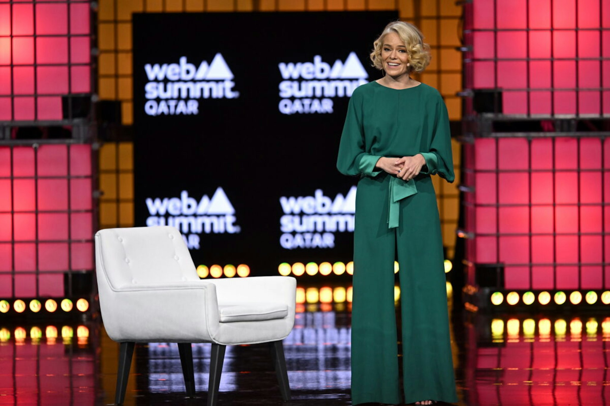 Katherine Maher, CEO, Web Summit, makes the closing remarks on Centre stage during day three of Web Summit Qatar 2024 at the Doha Exhibition and Convention Center in Doha, Qatar.