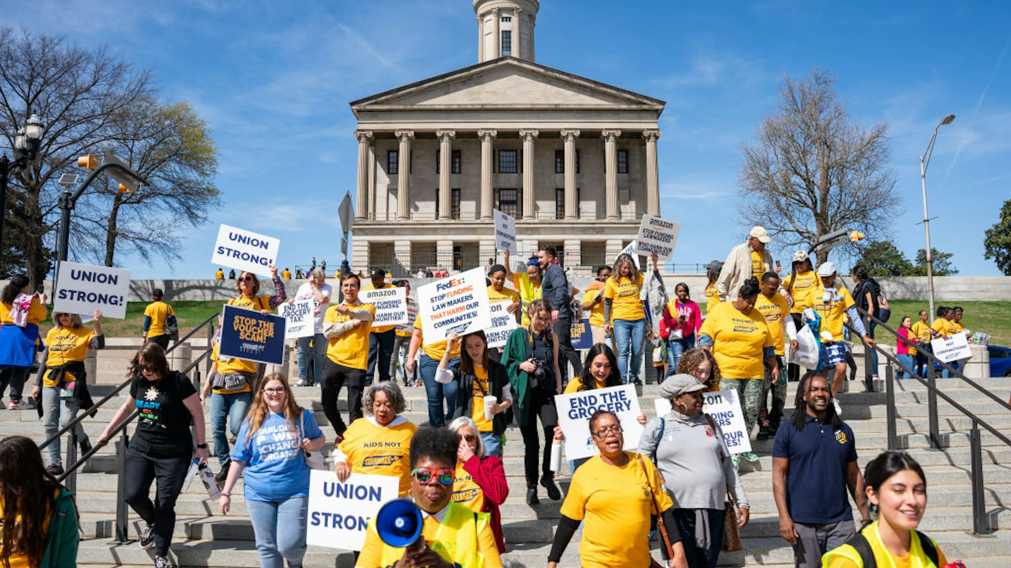 NASHVILLE, TENNESSEE - MARCH 12: Educators and various organizations from across the state of Tennessee convened outside of the Tennessee State Capitol building to rally against Governor Bill Lee's school voucher program on March 12, 2024 in Nashville, Tennessee. Rural, urban, and suburban school districts across the state have passed resolutions opposing the program which they say would divert resources from Tennessee's already underfunded public schools.