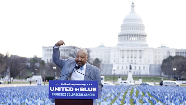 Rep Donald Payne, Jr. (D-NJ), Co-Chair of the Colorectal Cancer Caucus, speaks at the Fight Colorectal Cancer "United in Blue" flag installation on the National Mall to spotlight the rise in young adult Colorectal cancer cases on March 12, 2024 in Washington, DC.
