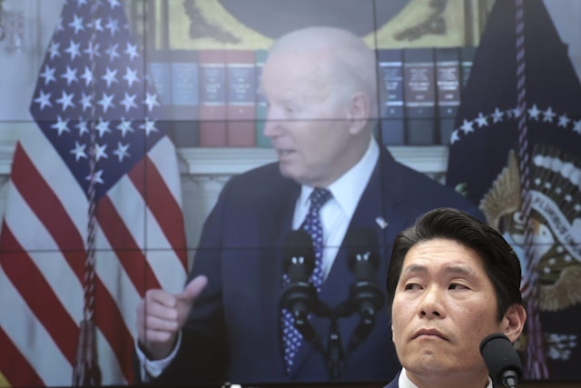 Former special counsel Robert K. Hur testifies in front of a video of U.S. President Joe Biden during a hearing held by the House Judiciary Committee on March 12, 2024 in Washington, DC.