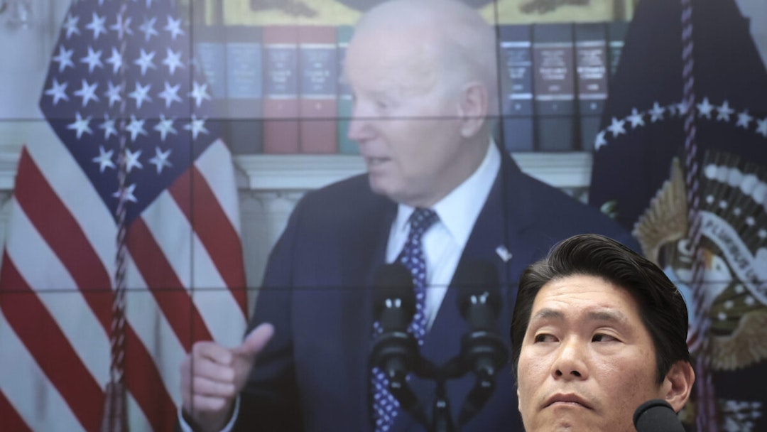 Former special counsel Robert K. Hur testifies in front of a video of U.S. President Joe Biden during a hearing held by the House Judiciary Committee on March 12, 2024 in Washington, DC.