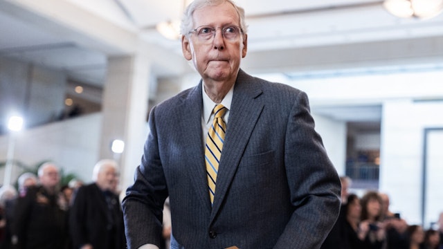 Senate Minority Leader Mitch McConnell, R-Ky., attends a Congressional Gold Medal ceremony to honor World War II veterans of the 23rd Headquarters Special Troops and the 3133rd Signal Services Company, known as the Ghost Army, in Emancipation Hall on Thursday, March 21, 2024.
