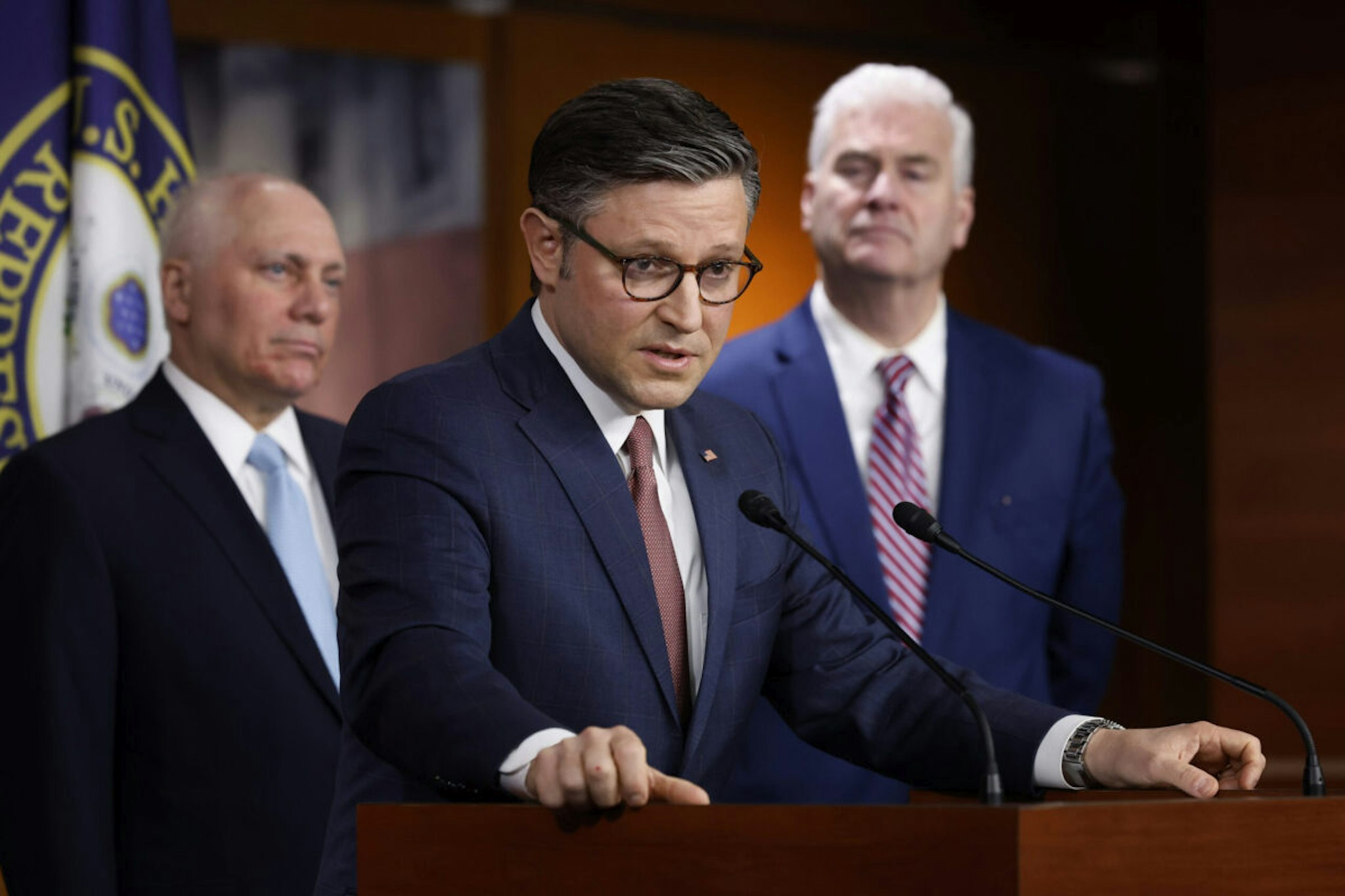 Speaker of the House Mike Johnson (R-LA) (C) speaks during a news conference with Majority Leader Steve Scalise (R-LA) (L) and Majority Whip Tom Emmer (R-MN) following a closed-door caucus meeting at the U.S. Capitol Visitors Center on March 20, 2024 in Washington, DC.