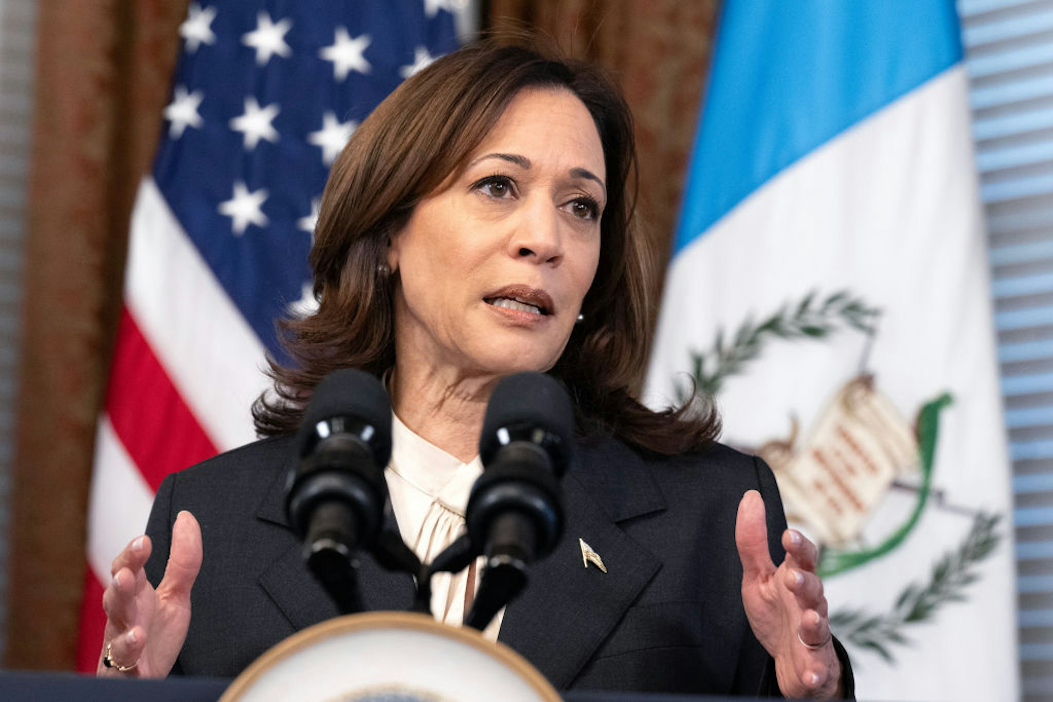 US Vice President Kamala Harris during a meeting with Bernardo Arevalo Guatemalas president not pictured in the Vice Presidents Ceremonial Office in Washington DC US on Monday March 25 2024 Harris and Arevalo are expected to discuss bolstering democracy and addressing the root causes of migration from Central America
