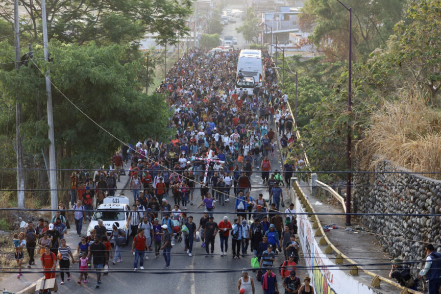 TAPACHULA, MEXICO - MARCH 25: Migrants, including children, advance in a caravan on their way to the United States from Tapachula, Mexico, on March 25, 2024. (Photo by Jose Torres/Anadolu via Getty Images)