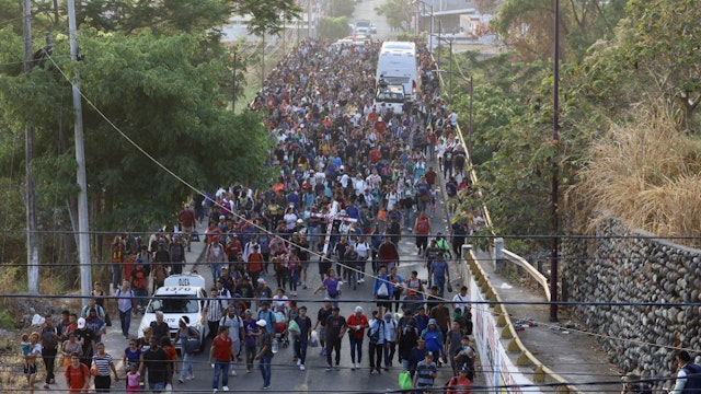 TAPACHULA, MEXICO - MARCH 25: Migrants, including children, advance in a caravan on their way to the United States from Tapachula, Mexico, on March 25, 2024. (Photo by Jose Torres/Anadolu via Getty Images)