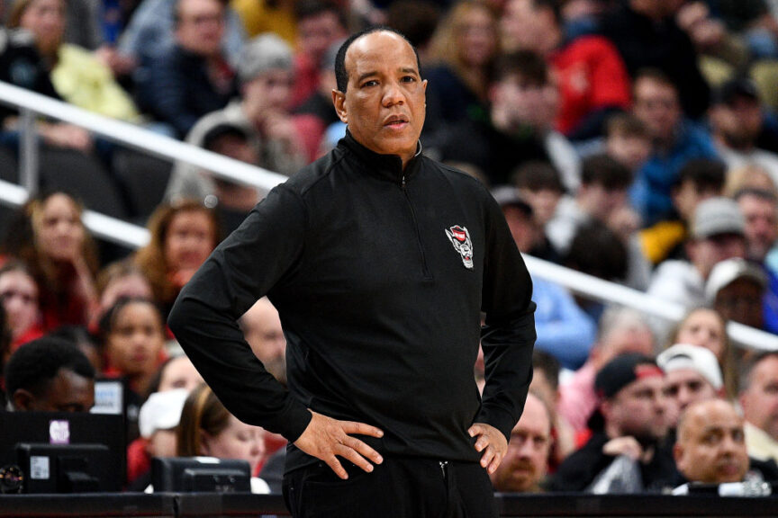 PITTSBURGH, PENNSYLVANIA - MARCH 23: Head coach Kevin Keatts of the North Carolina State Wolfpack looks on during the first half of a game against the Oakland Golden Grizzlies in the second round of the NCAA Men's Basketball Tournament at PPG PAINTS Arena on March 23, 2024 in Pittsburgh, Pennsylvania. (Photo by Joe Sargent/Getty Images)