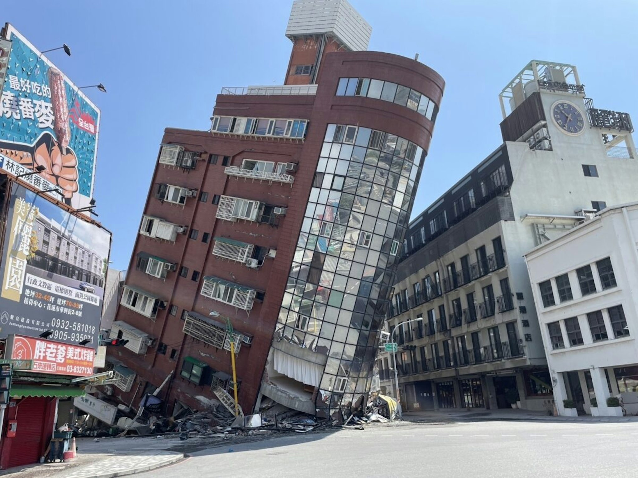 The Uranus Building at Xuanyuan Road is tilted severely as at least four people were killed and hundreds of others injured after a magnitude 7.4 earthquake struck off Taiwan's eastern coast on the Richter scale, in Hualien, Taiwan on April 3, 2024