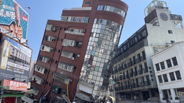 The Uranus Building at Xuanyuan Road is tilted severely as at least four people were killed and hundreds of others injured after a magnitude 7.4 earthquake struck off Taiwan's eastern coast on the Richter scale, in Hualien, Taiwan on April 3, 2024