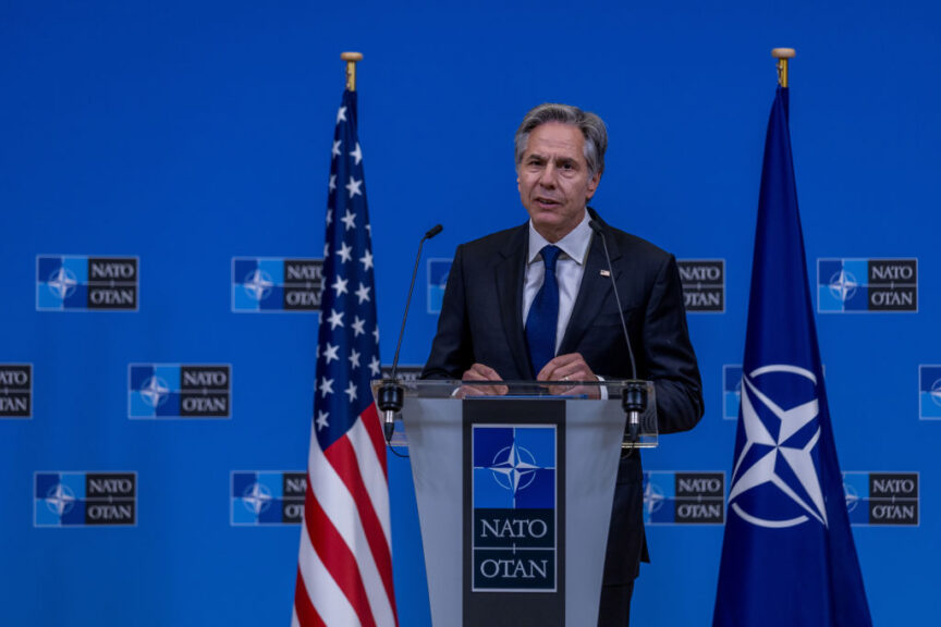 BRUSSELS, BELGIUM - APRIL 04: Antony J. Blinken, United States Secretary of State, holds the closing press conference at the NATO headquarters on the second day of the NATO Foreign Affairs Ministers' meeting on April 04, 2024 in Brussels, Belgium. The meeting of foreign ministers from NATO countries coincided with the 75th anniversary of the alliance's founding. (Photo by Omar Havana/Getty Images)