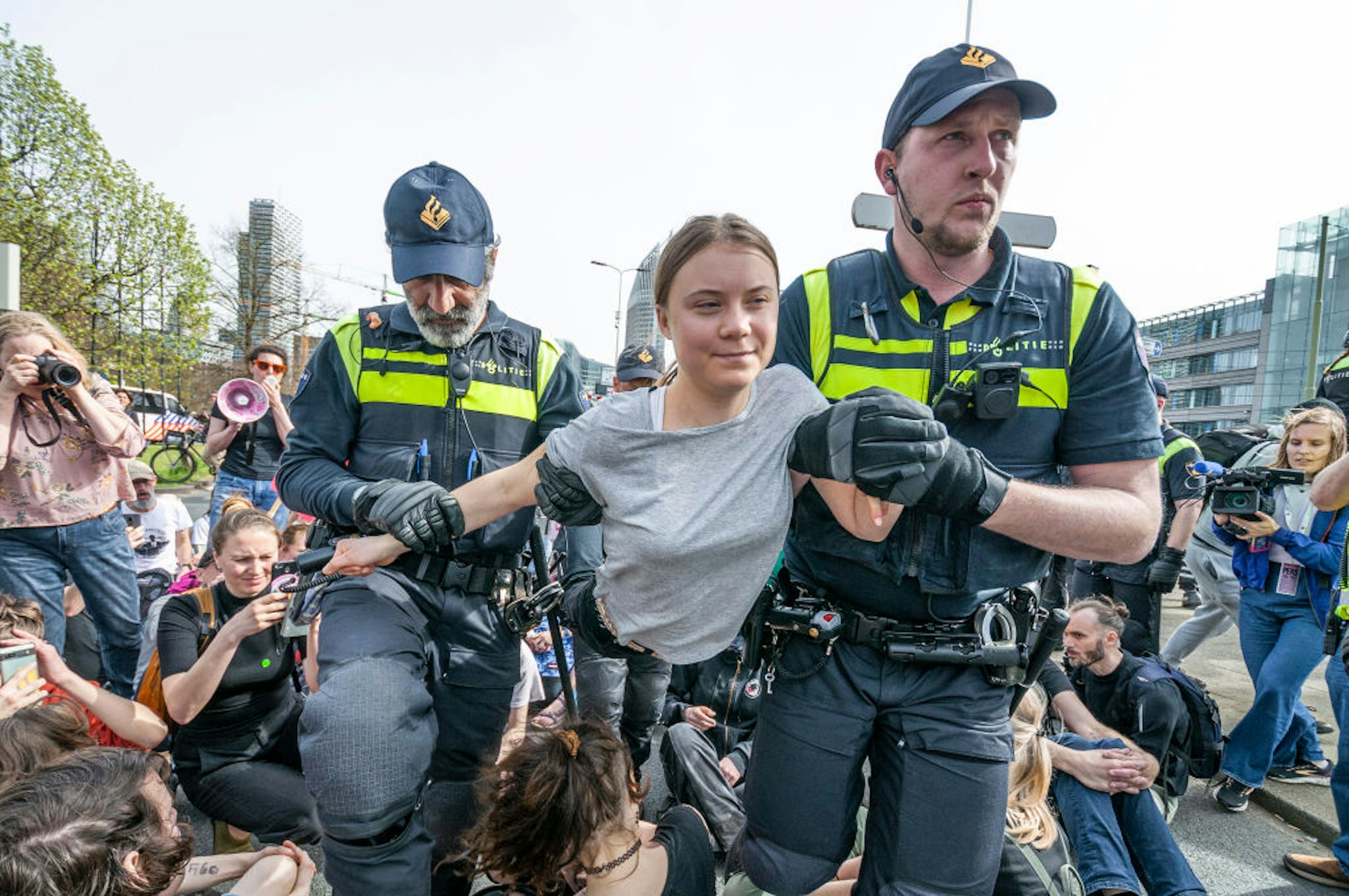 KONINGSKADE, THE HAGUE, NETHERLANDS - 2024/04/06: Swedish climate Greta Thunberg on her second arrest during today's failed A12 Blockade in The Hague.