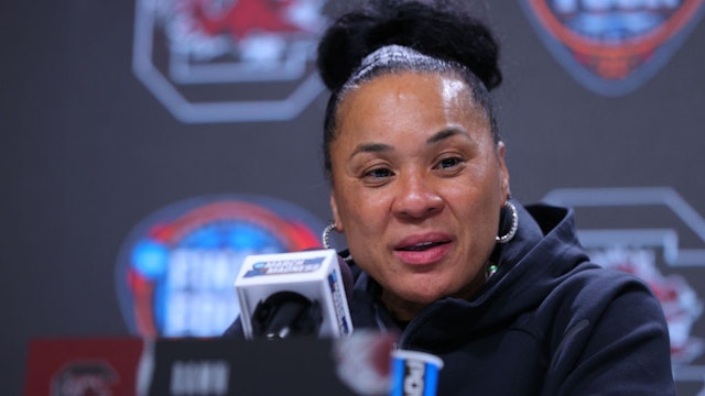 CLEVELAND, OHIO - APRIL 05: Head coach Dawn Staley of the South Carolina Gamecocks speaks with the media after beating the NC State Wolfpack 78-59 the NCAA Women's Basketball Tournament Final Four semifinal game at Rocket Mortgage Fieldhouse on April 05, 2024 in Cleveland, Ohio. (Photo by Mike Lawrie/Getty Images)