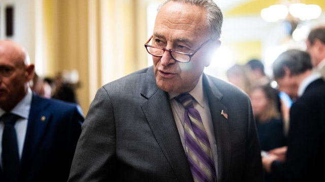 Senate Majority Leader Charles Schumer, D-N.Y., concludes a news conference after the senate luncheons in the U.S. Capitol on Tuesday, April 9, 2024.