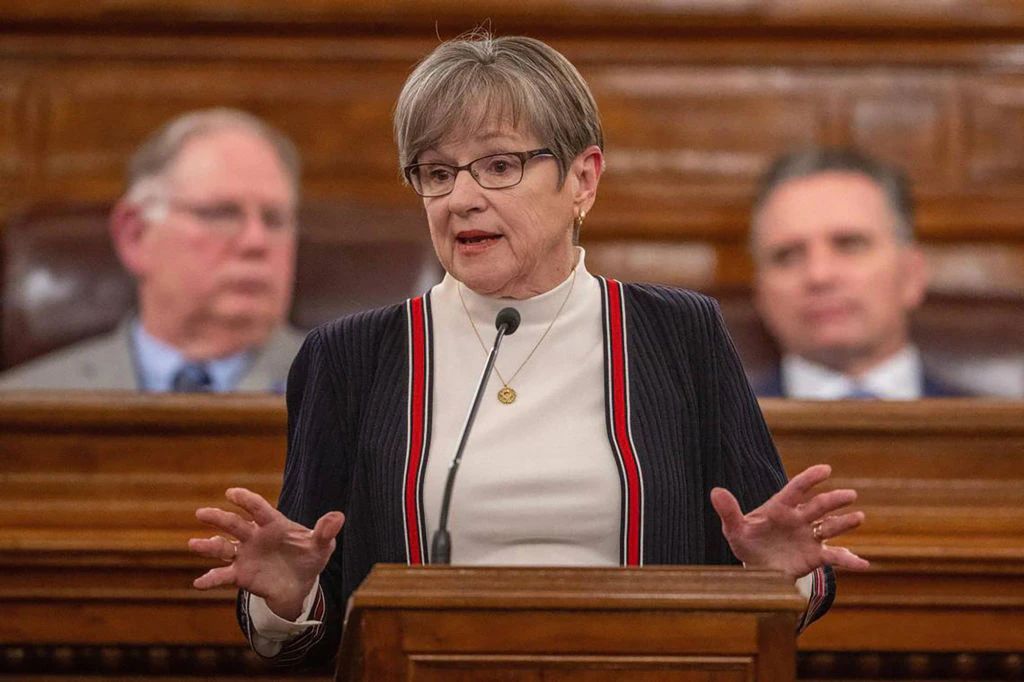 Kansas Gov. Laura Kelly speaks during the State of the State address at the Kansas State Capital on Jan. 10, 2024, in Topeka, Kansas.