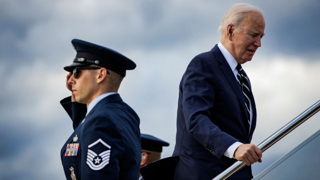 US President Joe Biden boards Air Force One at Joint Base Andrews in Maryland on April 12, 2024 as he departs for Rehoboth, Delaware, where he will spend the weekend. (Photo by SAMUEL CORUM / AFP)