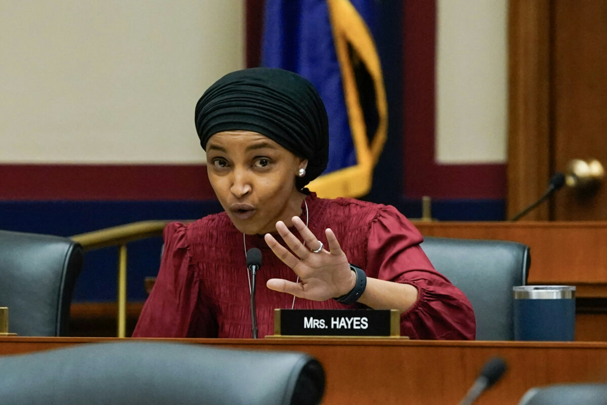 US Representative Ilhan Omar, Democrat of Minnesota, questions witnesses during a House Committee on Education and the Workforce hearing about antisemitism on college campuses, on Capitol Hill in Washington, DC, on April 17, 2024.