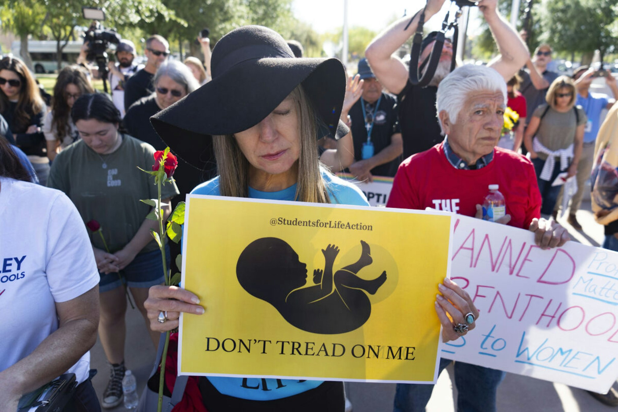 PHOENIX, ARIZONA - APRIL 17: Anti-abortion advocates demonstrate prior to an Arizona House of Representatives session at the Arizona State Capitol on April 17, 2024 in Phoenix, Arizona. Arizona House Republicans blocked the Democrats from holding a vote to overturn the 1864 abortion ban revived last week by the Arizona Supreme Court.