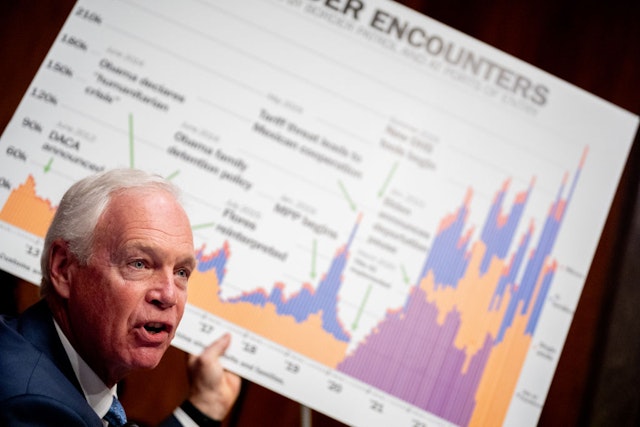 WASHINGTON, DC - APRIL 18: Sen. Ron Johnson (R-WI) holds up a chart as he questions U.S. Homeland Security Secretary Alejandro Mayorkas during a Senate Homeland Security and Governmental Affairs committee hearing on the department's budget request on Capitol Hill on April 18, 2024 in Washington, DC. Mayorkas is back on the hill just a day after the U.S. Senate dismissed the articles of impeachment against him, voting on party lines that the charges did not meet the constitutional bar of high crimes or misdemeanors. (Photo by Andrew Harnik/Getty Images)