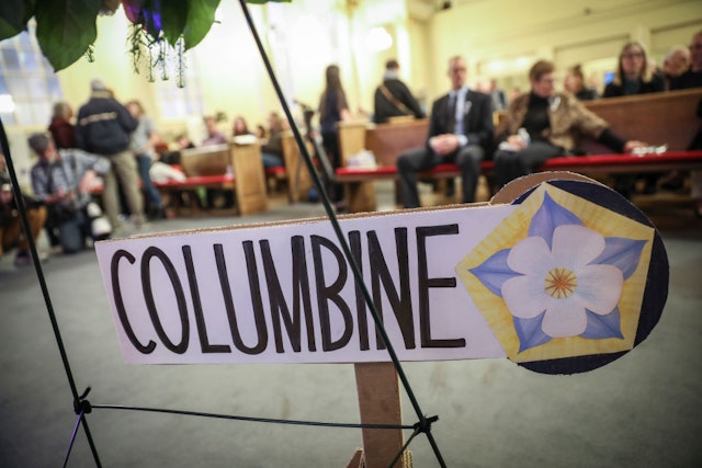 DENVER, COLORADO - APRIL 19: Signage for Columbine High School during a 25th Year Remembrance ceremony on April 19, 2024 at First Baptist Church of Denver in Denver, Colorado. Twelve students and one teacher were shot and killed and many more injured on April 20, 1999 at Columbine High School in Littleton, Colorado in a school shooting that shocked the country at the time. (Photo by Marc Piscotty/Getty Images)