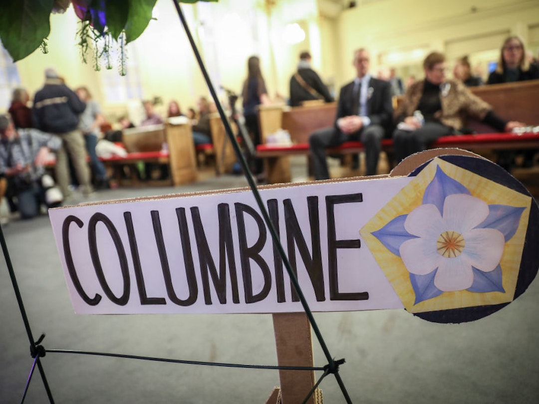 DENVER, COLORADO - APRIL 19: Signage for Columbine High School during a 25th Year Remembrance ceremony on April 19, 2024 at First Baptist Church of Denver in Denver, Colorado. Twelve students and one teacher were shot and killed and many more injured on April 20, 1999 at Columbine High School in Littleton, Colorado in a school shooting that shocked the country at the time. (Photo by Marc Piscotty/Getty Images)