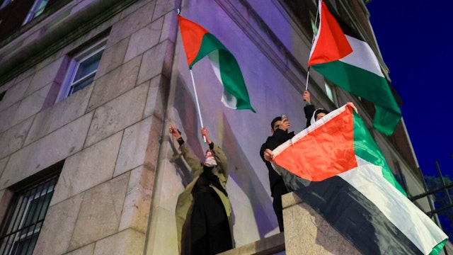 Pro-Palestinian demonstrators support "Gaza Solidarity Encampment" at Columbia Universityby gathering outside the university on April 20, 2024.