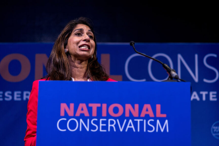 BRUSSELS, BELGIUM - APRIL 16: Conservative MP Suella Braverman, former UK Secretary of State for the Home Department, gives a speech on Day 1 of The National Conservatism Conference at the Claridge on April 16, 2024 in Brussels, Belgium. The National Conservatism (NatCon) conference, attended by 500 delegates over two days, features speeches from former UK Home Secretary Suella Braverman and Hungary's Prime Minister Viktor Orbán, among others. Originally slated for Concert Noble, the venue was changed due to pressure from Brussels Mayor Philippe Close. (Photo by Omar Havana/Getty Images)