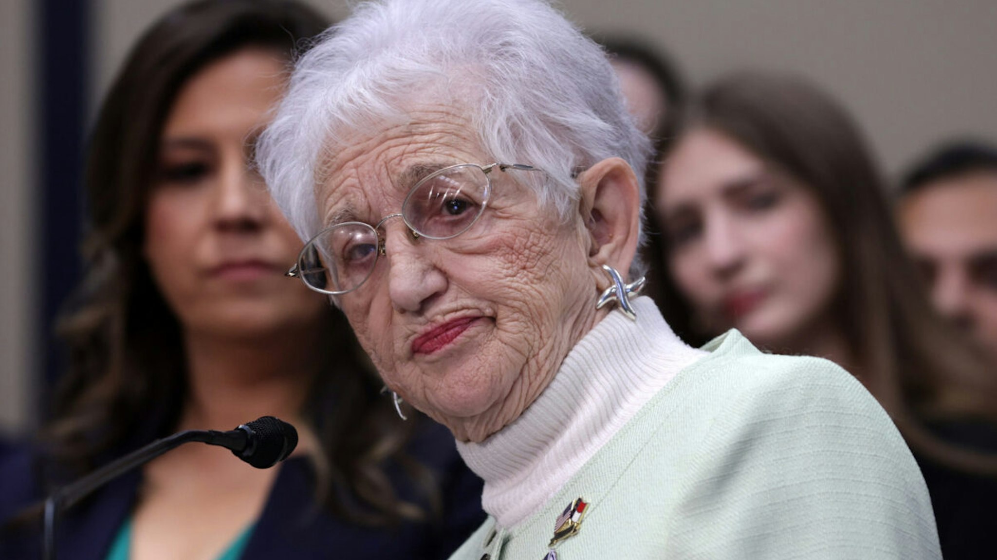 U.S. Rep. Virginia Foxx (R-NC), Chairwoman of the House Education and the Workforce, speaks as House GOP Conference Chair Rep. Elise Stefanik (R-NY) listens during a news conference with students from Columbia University on April 17, 2024 at Rayburn House Office Building in Washington, DC.