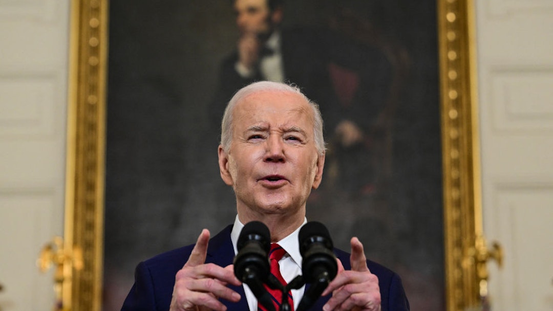 TOPSHOT - US President Joe Biden speaks after signing the foreign aid bill at the White House in Washington, DC, on April 24, 2024. The $95 billion package of assistance to Ukraine, Israel and Taiwan also provides needed humanitarian assistance to Gaza, Sudan and Haiti, and a measure to ban TikTok in the US. (Photo by Jim WATSON / AFP) (Photo by JIM WATSON/AFP via Getty Images)