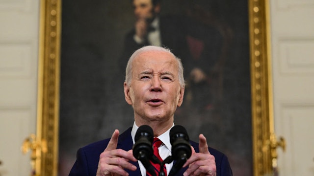 TOPSHOT - US President Joe Biden speaks after signing the foreign aid bill at the White House in Washington, DC, on April 24, 2024. The $95 billion package of assistance to Ukraine, Israel and Taiwan also provides needed humanitarian assistance to Gaza, Sudan and Haiti, and a measure to ban TikTok in the US. (Photo by Jim WATSON / AFP) (Photo by JIM WATSON/AFP via Getty Images)