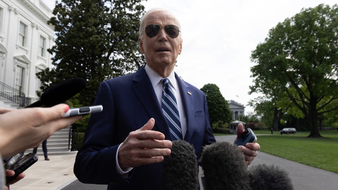 US President Joe Biden speaks to members of the media on the South Lawn of the White House before boarding Marine One in Washington, DC, US, on Thursday, April 25, 2024.