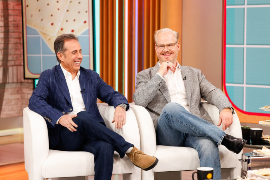 NEW YORK - APRIL 25: CBS Mornings Co-Hosts Gayle King, Tony Dokoupil, and Vladimir Duthiers interview Jerry Seinfeld and Jim Gaffigan on their upcoming film Unfrosted, Live on CBS Mornings.(Photo by Michele Crowe/CBS News via Getty Images)