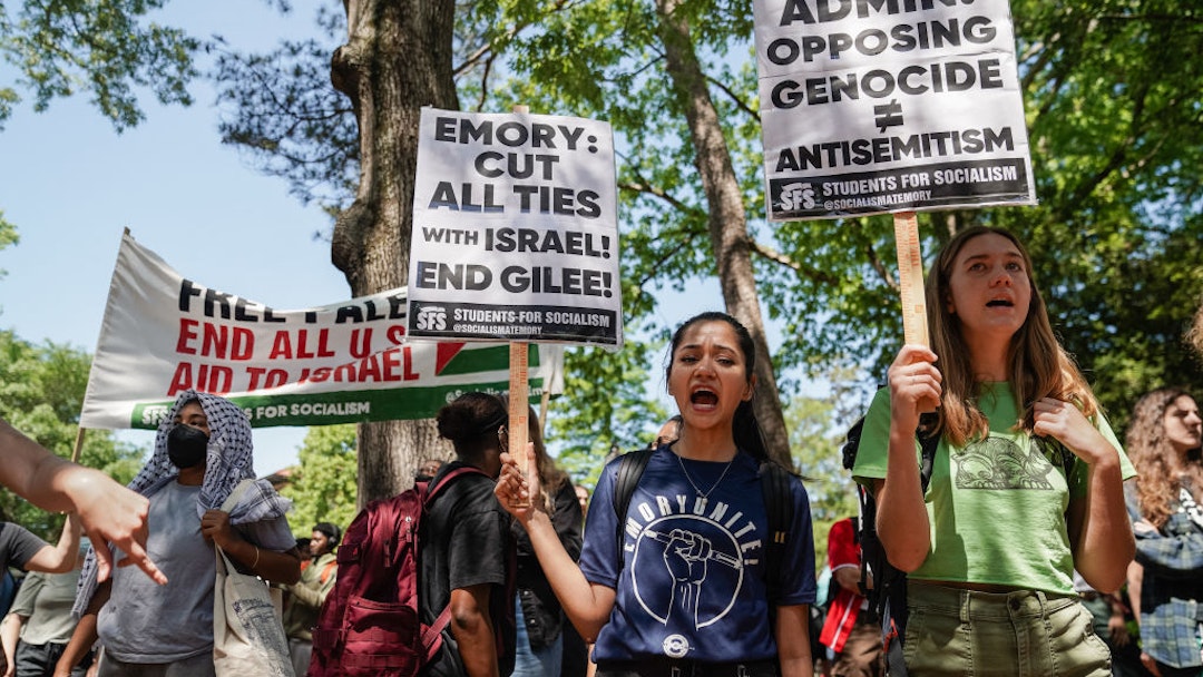 Students chant during a pro-Palestinian protest at Emory University on April 25, 2024, in Atlanta, Georgia. College campuses across the US braced for fresh protests by pro-Palestinian students, extending a week of increasingly confrontational standoffs with police, mass arrests and accusations of anti-Semitism. (Photo by Elijah Nouvelage / AFP) (Photo by ELIJAH NOUVELAGE/AFP via Getty Images)