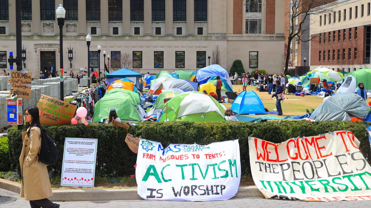 Video Shows Anti-Israel Columbia Protester Stomping On American Flags Taken From YAF Display