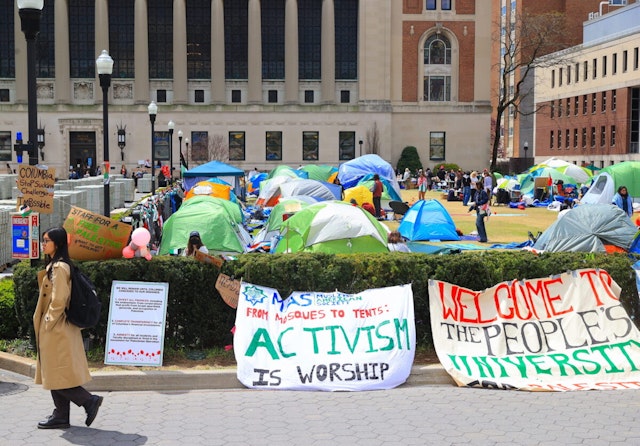 NEW YORK, UNITED STATES - APRIL 25: Pro-Palestinians students at Columbia University have a demonstration near Gaza Solidarity Encampment on April 25, 2024 in New York City, the United States.