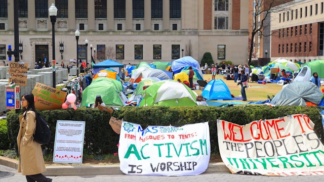 NEW YORK, UNITED STATES - APRIL 25: Pro-Palestinians students at Columbia University have a demonstration near Gaza Solidarity Encampment on April 25, 2024 in New York City, the United States.