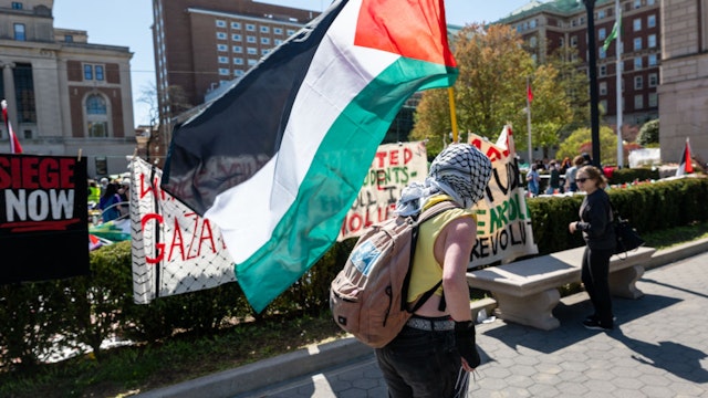 NEW YORK, NEW YORK - APRIL 22: Pro-Palestinian supporters rally on the campus of Columbia University on April 22, 2024 in New York City. All classes at Columbia University have been held virtually today after school President Minouche Shafik announced a shift to online learning in response to recent campus unrest. (Photo by Spencer Platt/Getty Images)