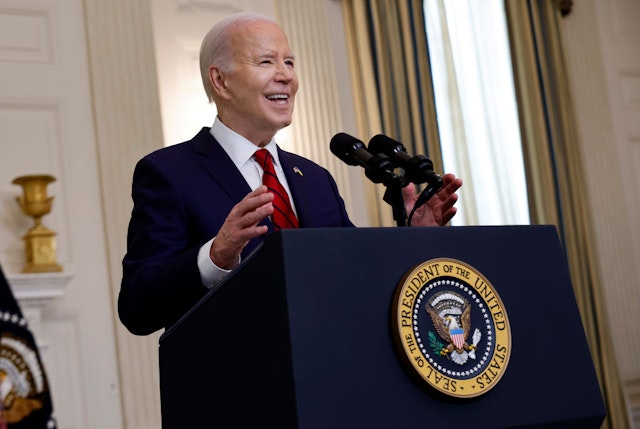 WASHINGTON, DC - APRIL 24: U.S. President Joe Biden delivers remarks after signing legislation giving $95 billion in aid to Ukraine, Israel and Taiwan during a ceremony in the State Dining Room at the White House on April 24, 2024 in Washington, DC. The legislation was months in the making and put Speaker of the House Mike Johnson (R-LA) in a vulnerable position with hardline conservatives in his own party who oppose funding for Ukraine’s defense against Russian invasion. (Photo by Chip Somodevilla/Getty Images)