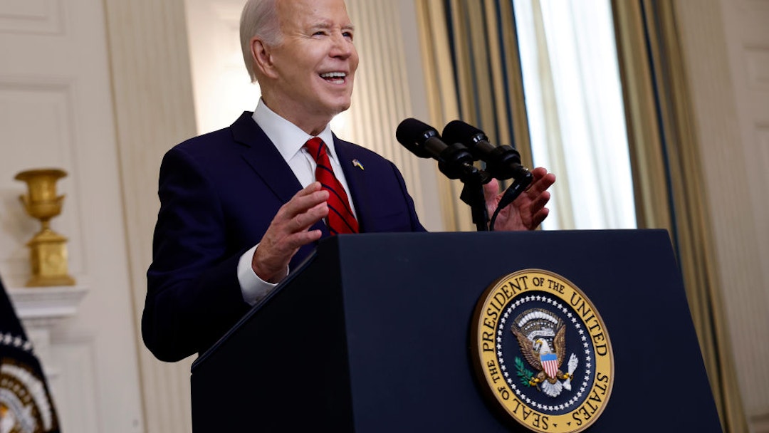 WASHINGTON, DC - APRIL 24: U.S. President Joe Biden delivers remarks after signing legislation giving $95 billion in aid to Ukraine, Israel and Taiwan during a ceremony in the State Dining Room at the White House on April 24, 2024 in Washington, DC. The legislation was months in the making and put Speaker of the House Mike Johnson (R-LA) in a vulnerable position with hardline conservatives in his own party who oppose funding for Ukraine’s defense against Russian invasion. (Photo by Chip Somodevilla/Getty Images)