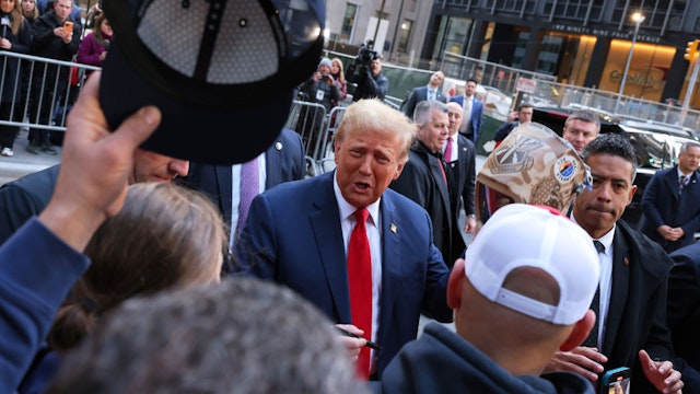 NEW YORK, NEW YORK - APRIL 25: Former U.S. President Donald Trump greets union workers at the construction site of the new J.P. Morgan Chase building on April 25, 2024 in New York City. The former president met with union members ahead of the start of his hush money trial where David Pecker, the former National Enquirer publisher, is scheduled to return to the witness stand. Trump faces 34 felony counts of falsifying business records in the first of his criminal cases to go to trial.