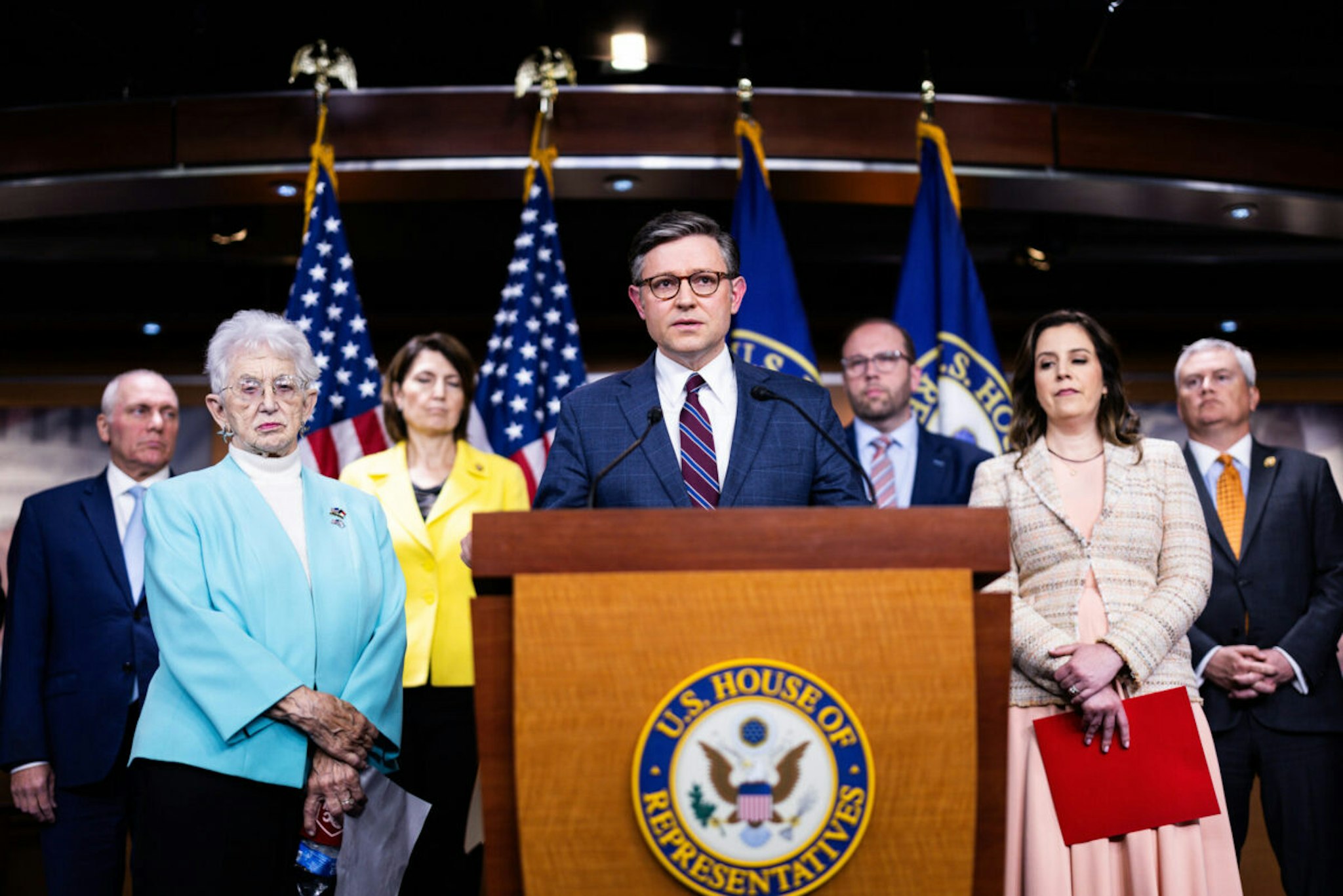 US House Speaker Mike Johnson, a Republican from Louisiana, center, speaks during a news conference about the ongoing protests happening on college campuses, at the US Capitol in Washington, DC, US, on Tuesday, April 30, 2024.