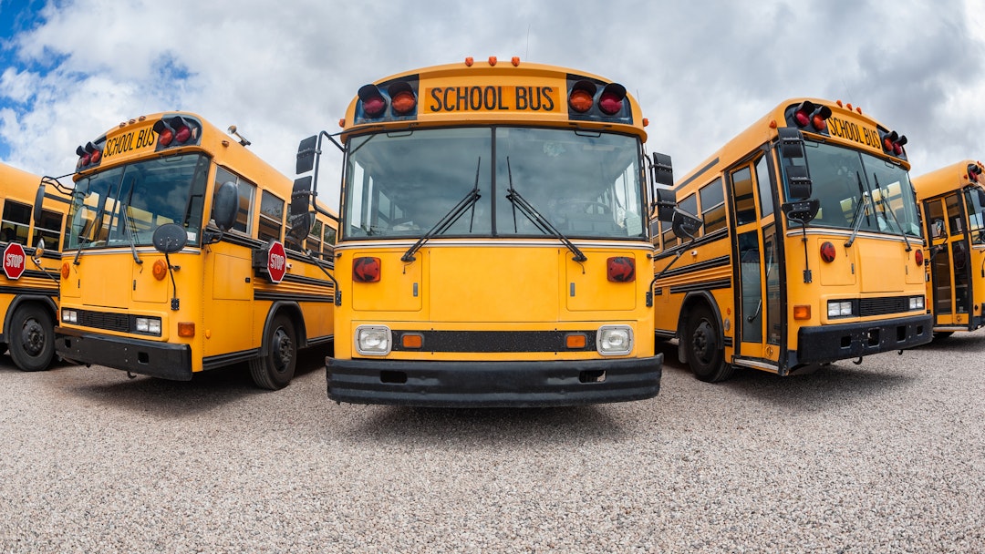 © Allard Schager. Getty Images. Fisheye view on parked American School Buses in St. George, Utah, USA.