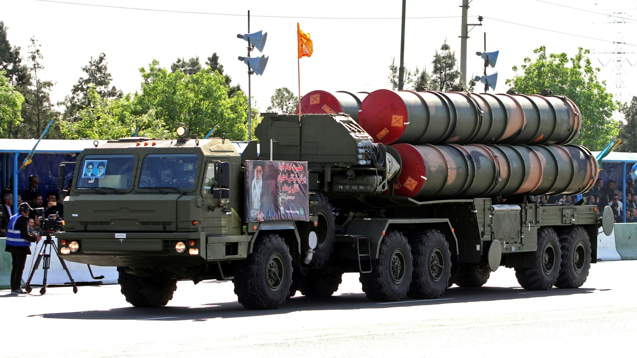 An Iranian military truck carries parts of the S-300 air defence missile system during a parade on the occasion of the country's Army Day, on April 18, 2017, in Tehran.