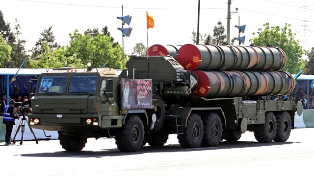 An Iranian military truck carries parts of the S-300 air defence missile system during a parade on the occasion of the country's Army Day, on April 18, 2017, in Tehran.