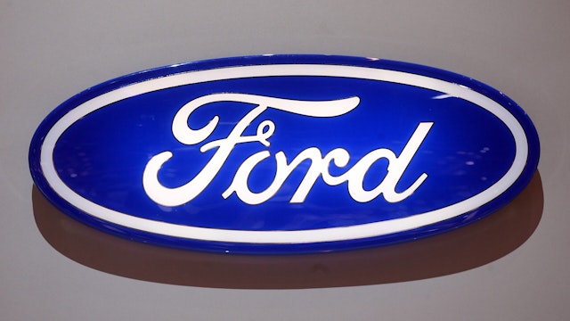 07 March 2018, Switzerland, Geneva: The logo of carmaker Ford is displayed during the 2nd Press Day at the 2018 Geneva Motor Show.