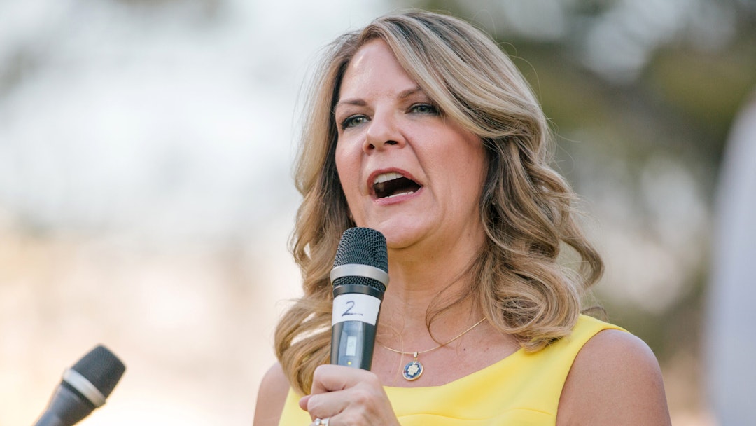 Kelli Ward, Republican U.S. Senate candidate from Arizona, speaks during the 'Road To Victory' bus tour stop at the Pioneer Living History Museum in Phoenix, Arizona, U.S., on Friday, Aug. 24, 2018. Former State Senator Ward is facing Arizona Representative Martha McSally and former sheriff Joe Arpaio in the Republican Senate primary on August 28.